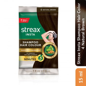 Streax Insta Shampoo Hair Color 4 Natural Brown, 15ml